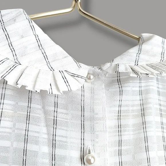 Vintage Simon Chang Box Pleat Peter Pan Collar Faux Pearl Button Down Blouse - Picture 6 of 7